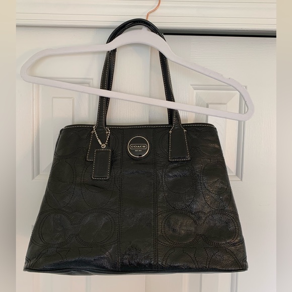 Coach SIS Stitch Patent Framed Shopper - Black With Baby Blue Lining